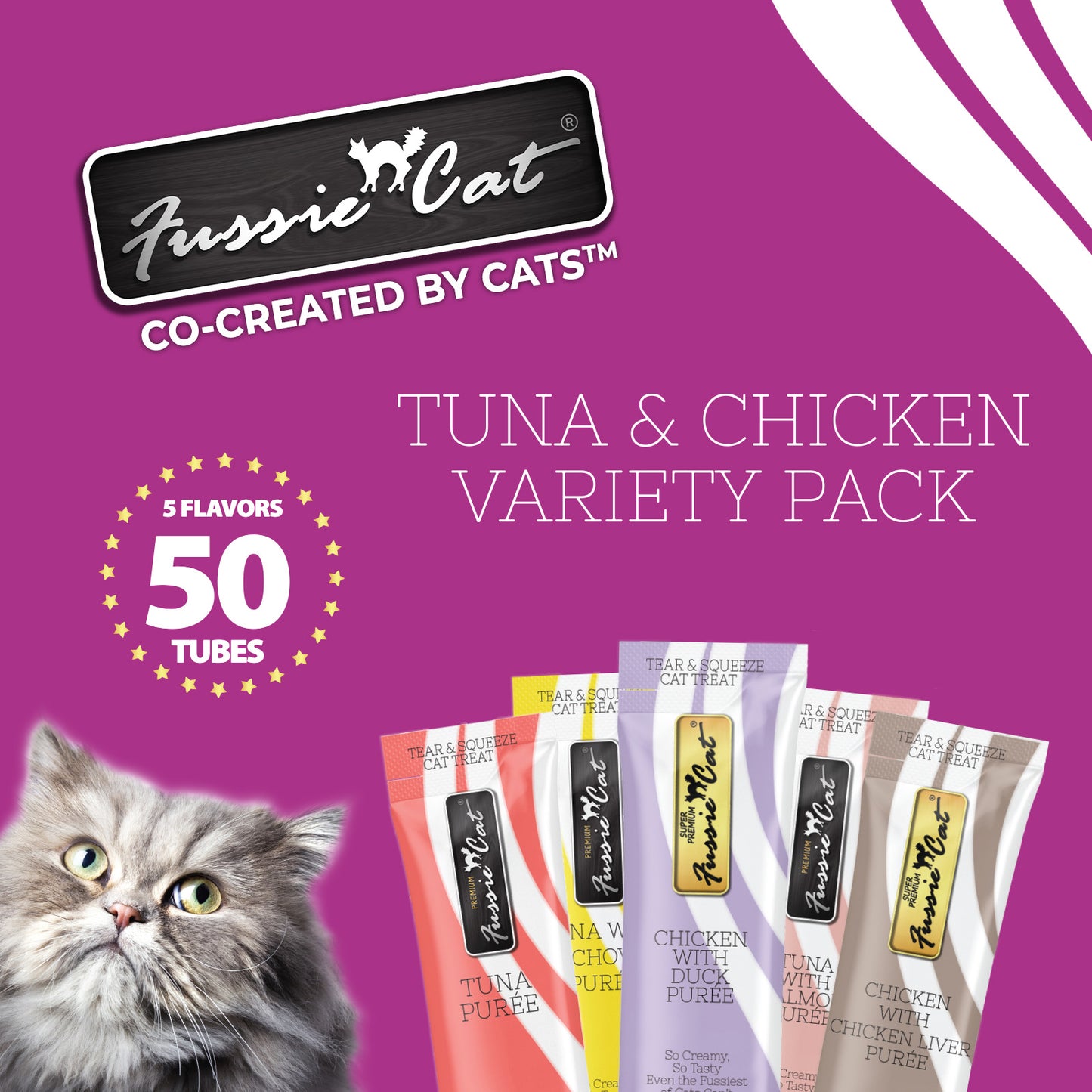 FUSSIE CAT Puré de atún y pollo - Variedad de premios para gatos | 50 unidades (0.5 oz)