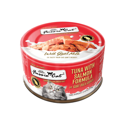 FUSSIE CAT Atún Premium con Salmón en Leche de Cabra - Lata para Gatos | 2.47oz