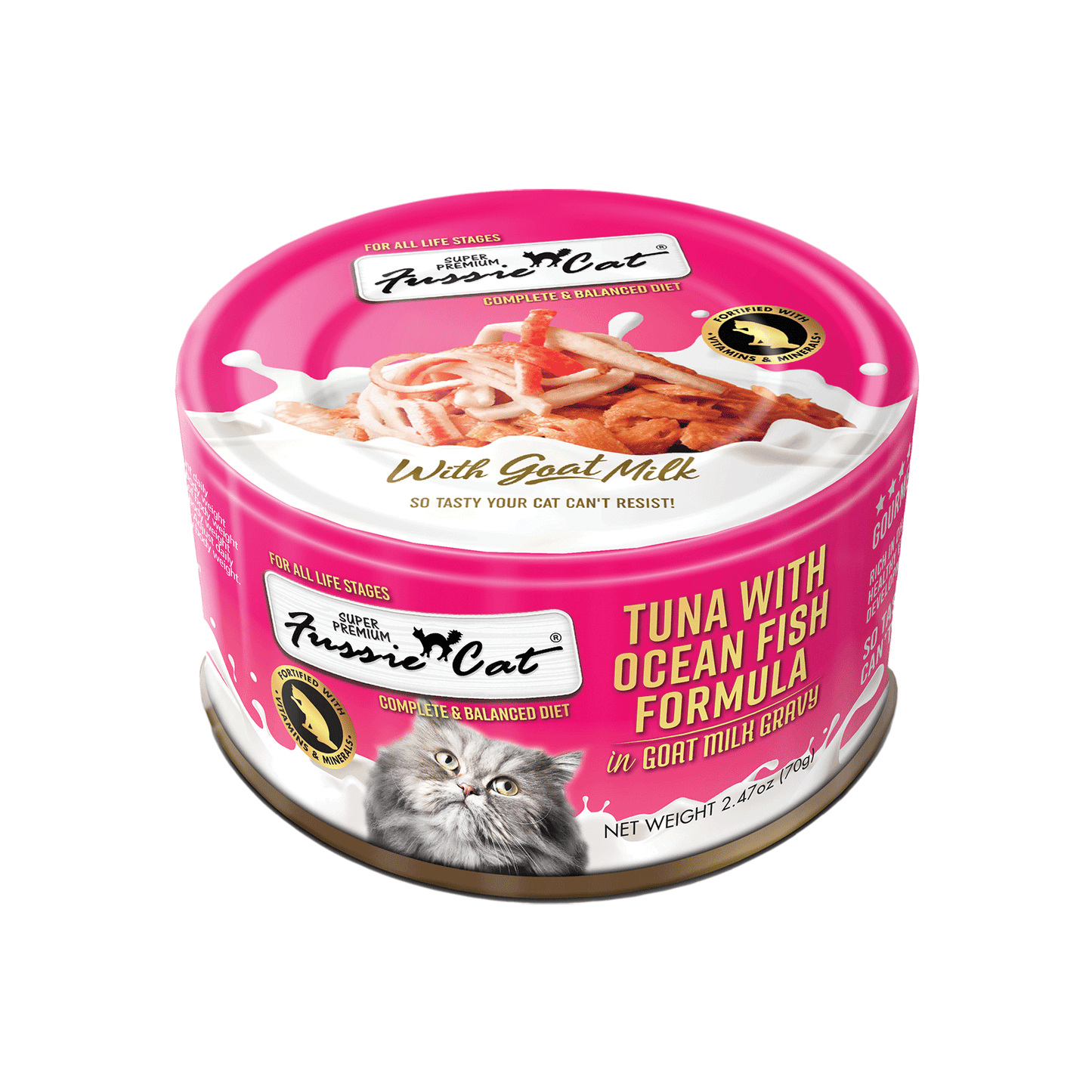 FUSSIE CAT Atún Premium con Pescado Oceánico en Leche de Cabra - Lata para Gatos | 70 g