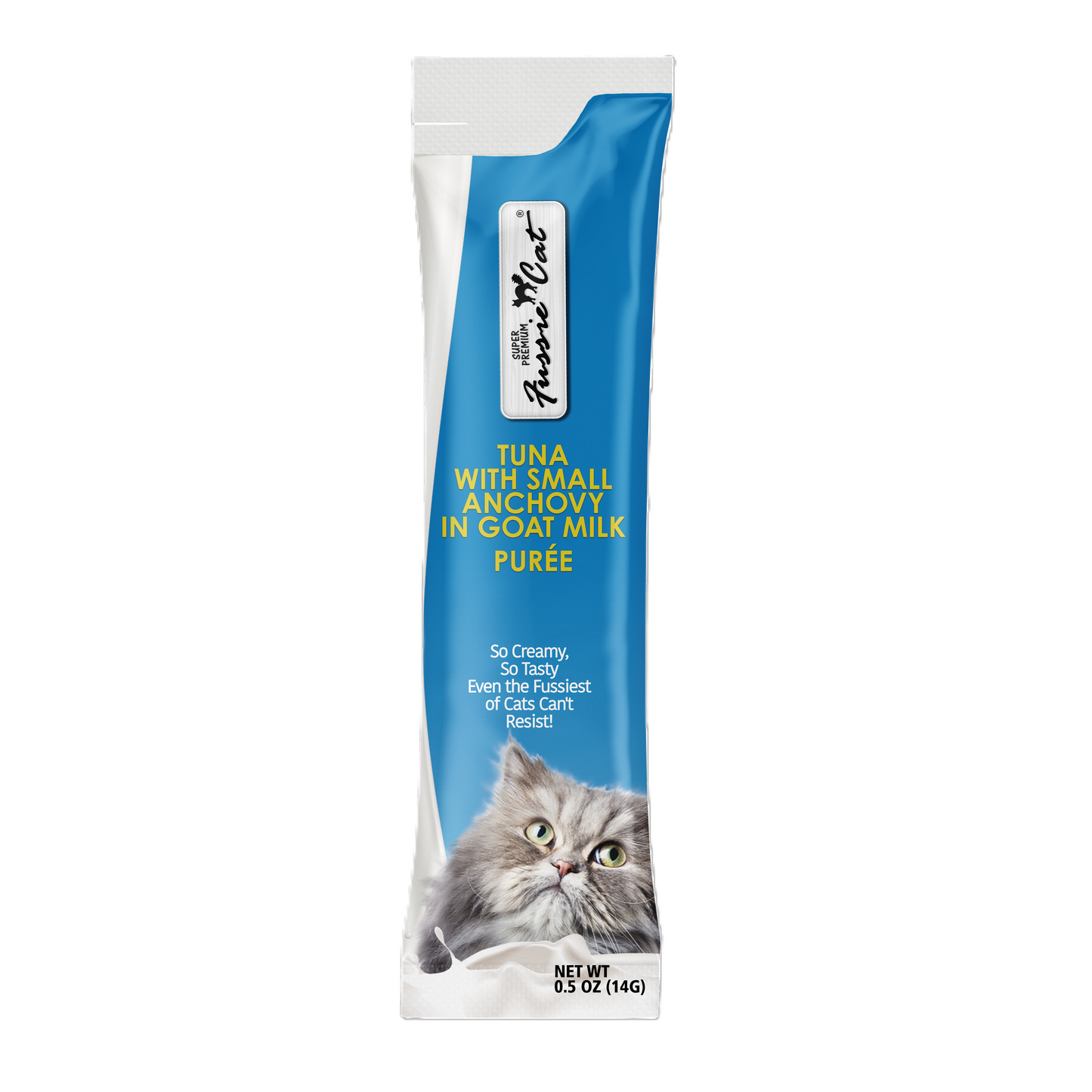 FUSSIE CAT Atún Premium con Anchoas Pequeñas en Puré de Leche de Cabra - Premio para Gatos | 56 g
