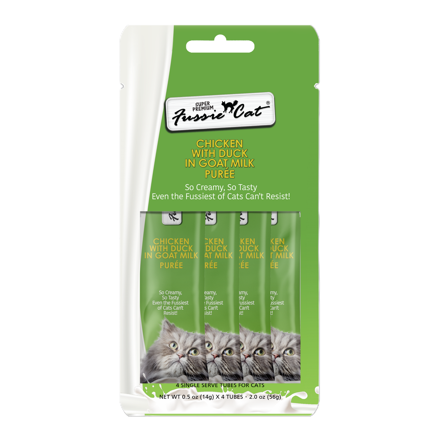 FUSSIE CAT Pollo Súper Premium con Pato en Puré de Leche de Cabra - Golosina para Gatos | 57g