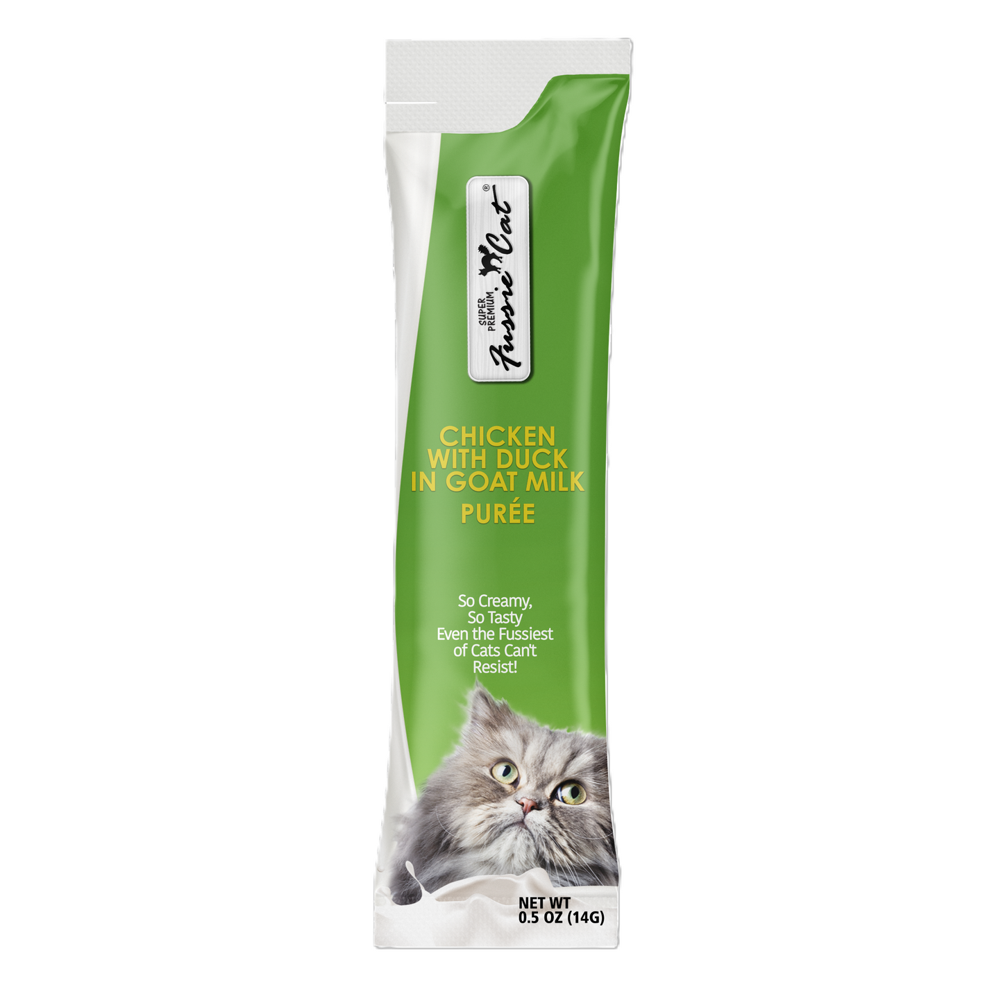 FUSSIE CAT Pollo Súper Premium con Pato en Puré de Leche de Cabra - Golosina para Gatos | 57g