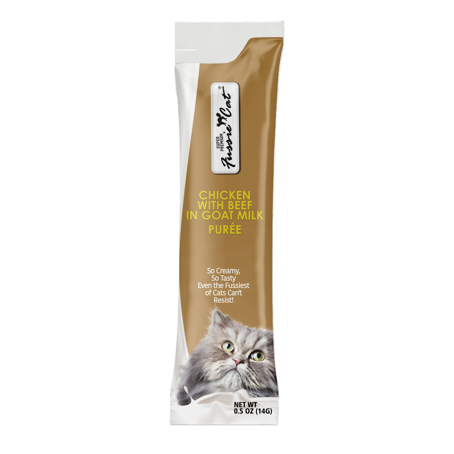 FUSSIE CAT Super Premium Pollo con Ternera en Puré de Leche de Cabra - Golosina para gatos | 2 oz