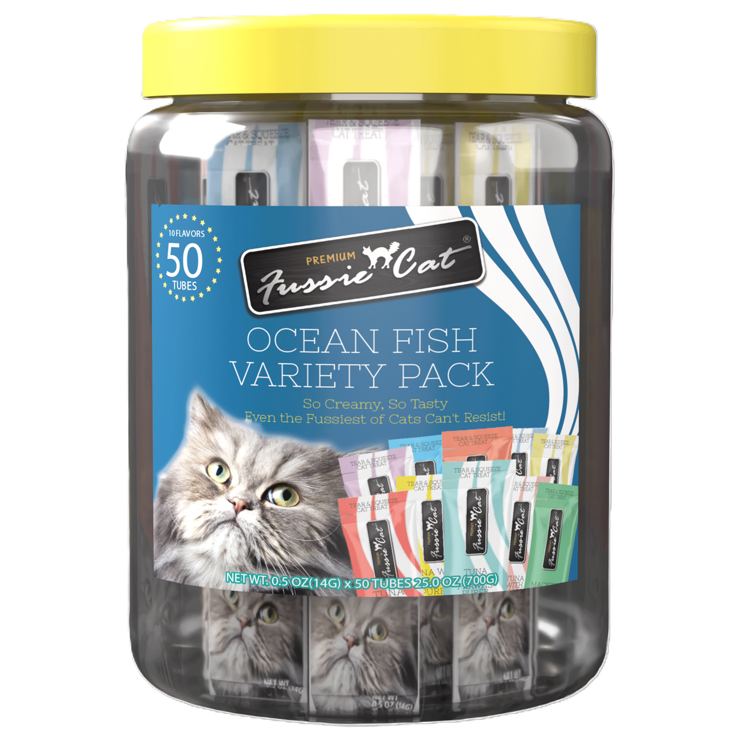 FUSSIE CAT Puré de pescado de océano - Variedad de premios para gatos | 50 unidades (0.5 oz)