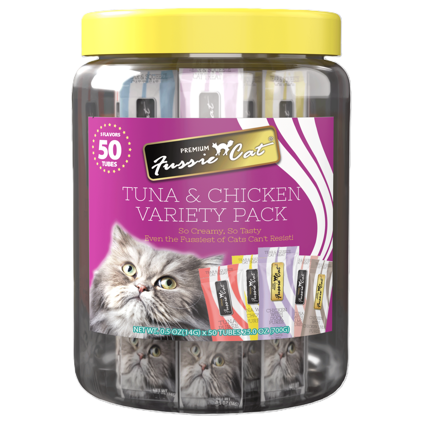 FUSSIE CAT Puré de atún y pollo - Variedad de premios para gatos | 50 unidades (0.5 oz)