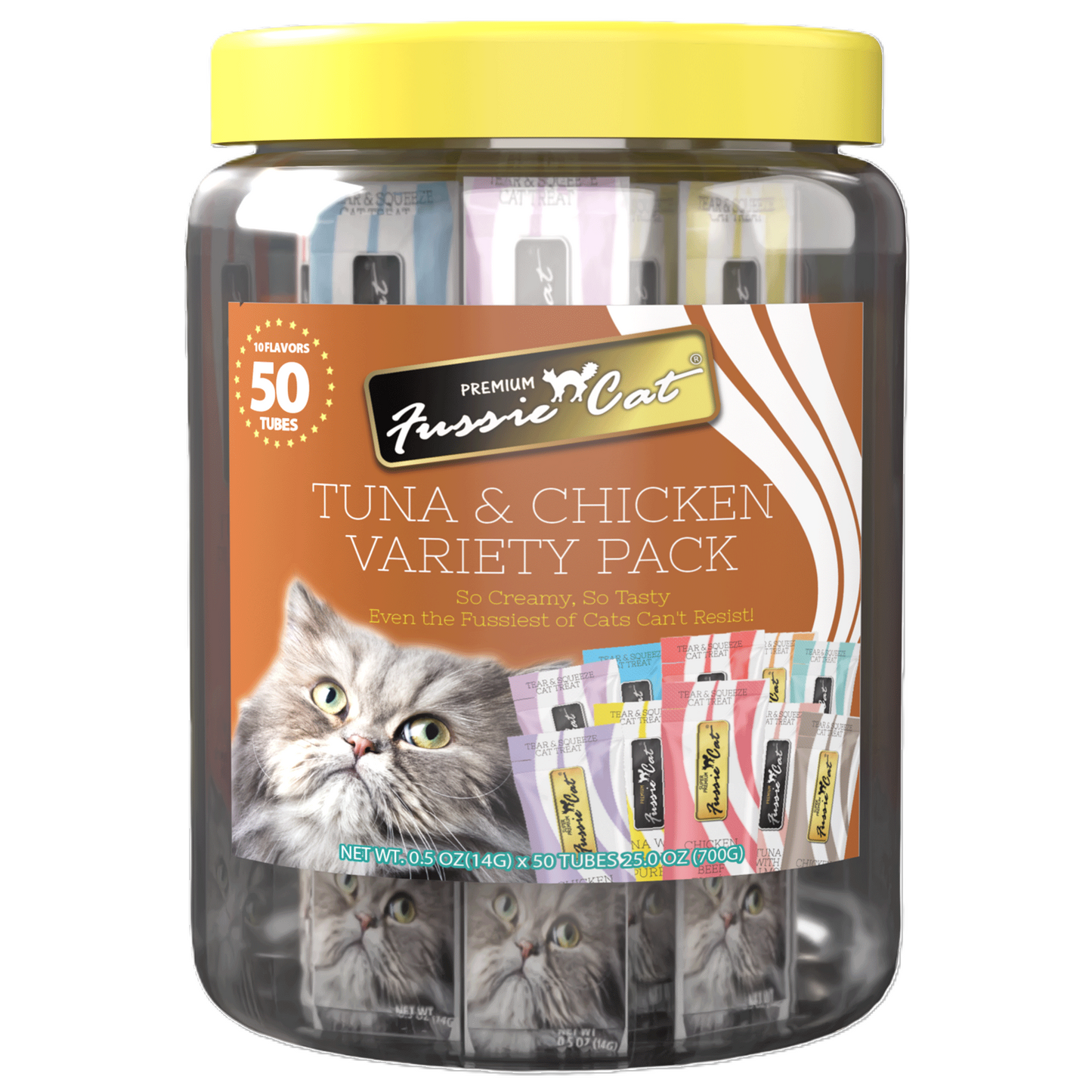 FUSSIE CAT Puré de atún y pollo - Variedad de premios para gatos | 50 unidades (0.5 oz)