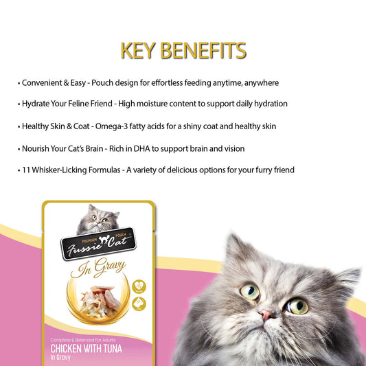 FUSSIE CAT Premium Chicken w/Tuna in Gravy - Cat Pouch | 2.47oz