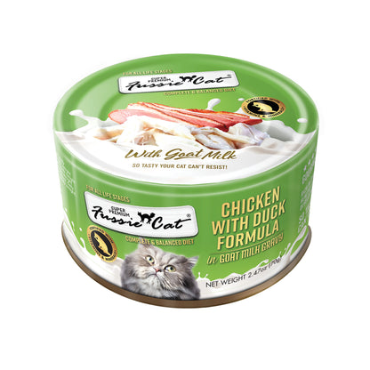 FUSSIE CAT Pollo Super Premium con Pato en Leche de Cabra - Lata para Gatos | 2.47oz