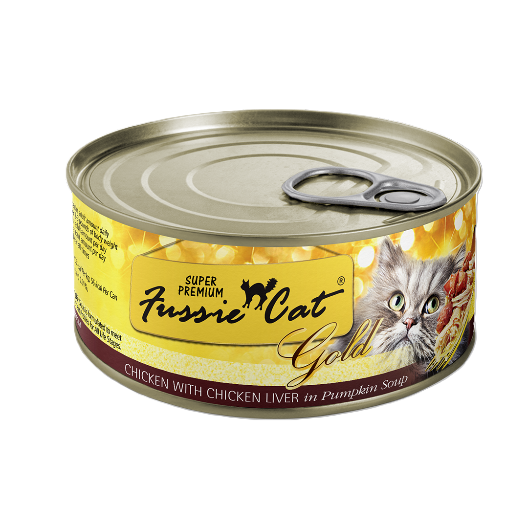 FUSSIE CAT Pollo Súper Premium con Hígado de Pollo en Sopa de Calabaza - Lata para Gatos | 80 g
