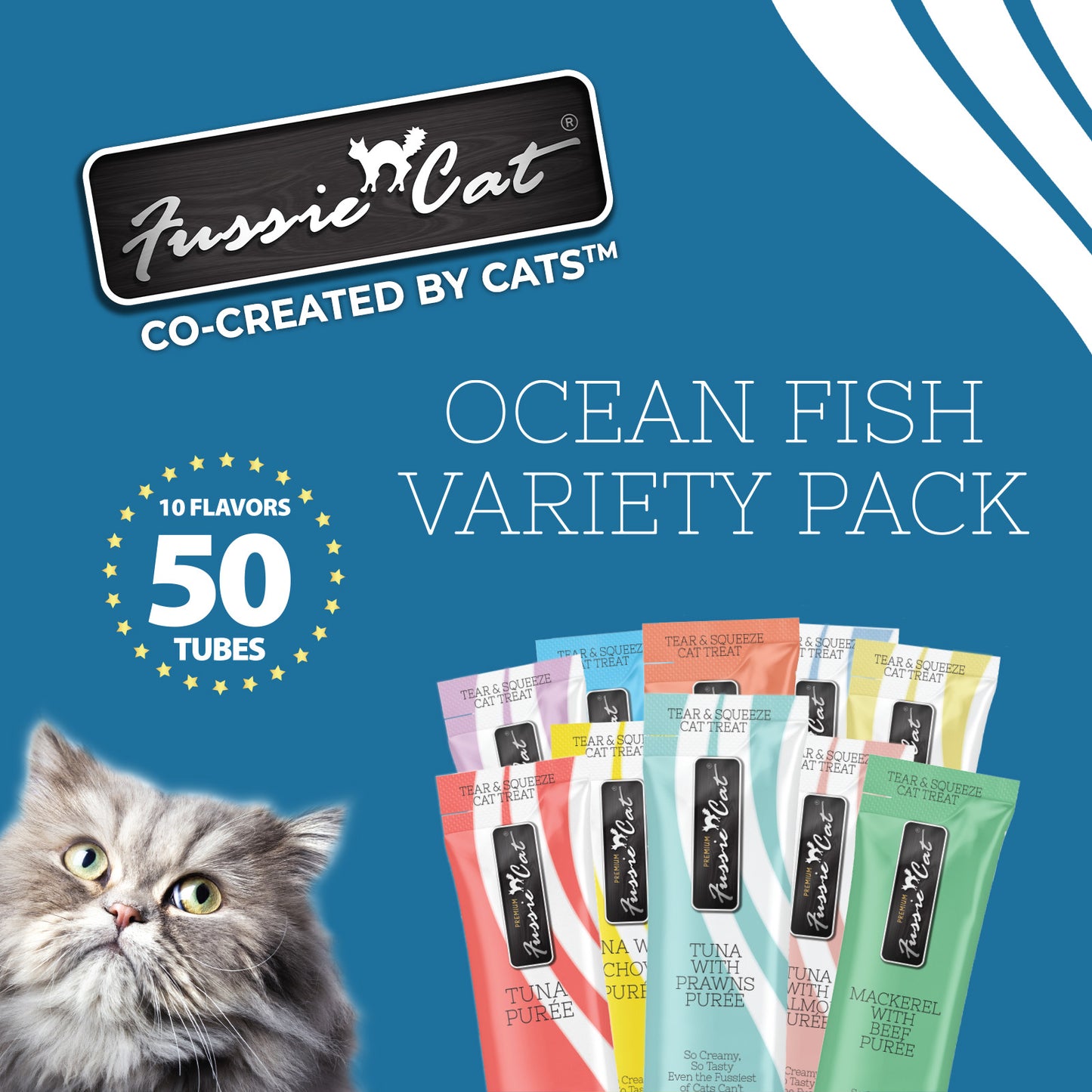 FUSSIE CAT Puré de pescado de océano - Variedad de premios para gatos | 50 unidades (0.5 oz)