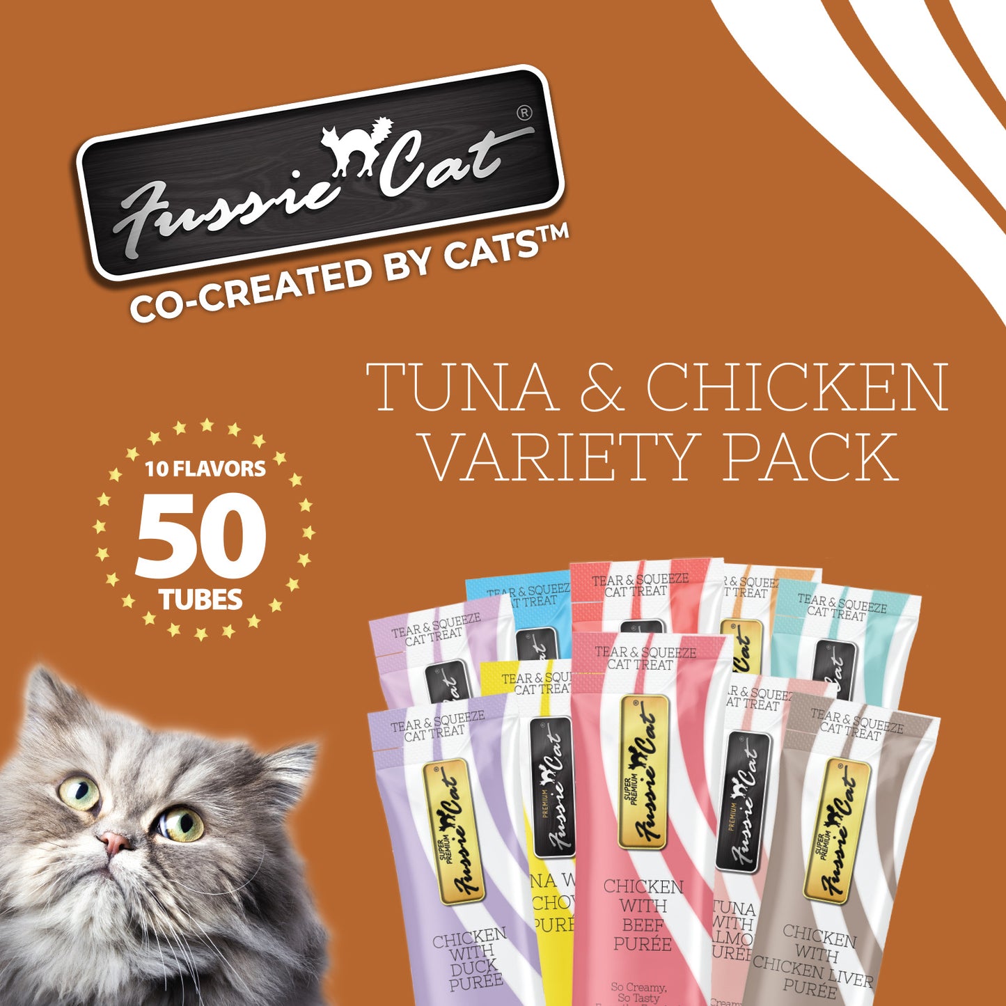 FUSSIE CAT Puré de atún y pollo - Variedad de premios para gatos | 50 unidades (0.5 oz)