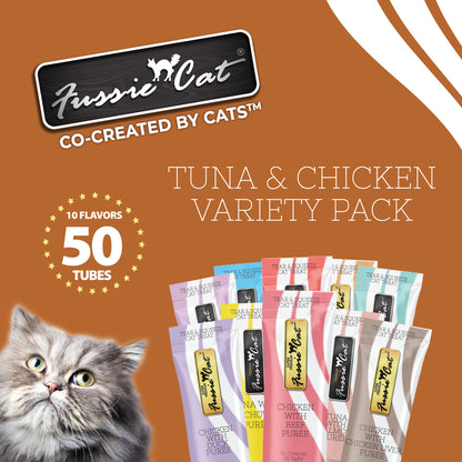 FUSSIE CAT Puré de atún y pollo - Variedad de premios para gatos | 50 unidades (0.5 oz)