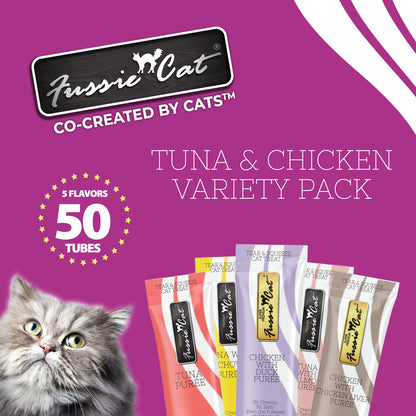 FUSSIE CAT Puré de atún y pollo - Variedad de premios para gatos | 50 unidades (0.5 oz)