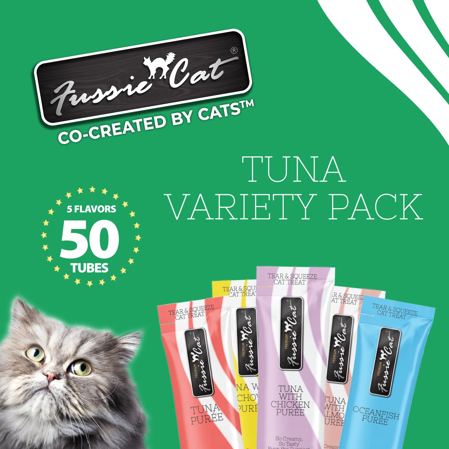 FUSSIE CAT Puré de Atún - Variedad de Snack para Gatos | 50 unidades (0.5oz)