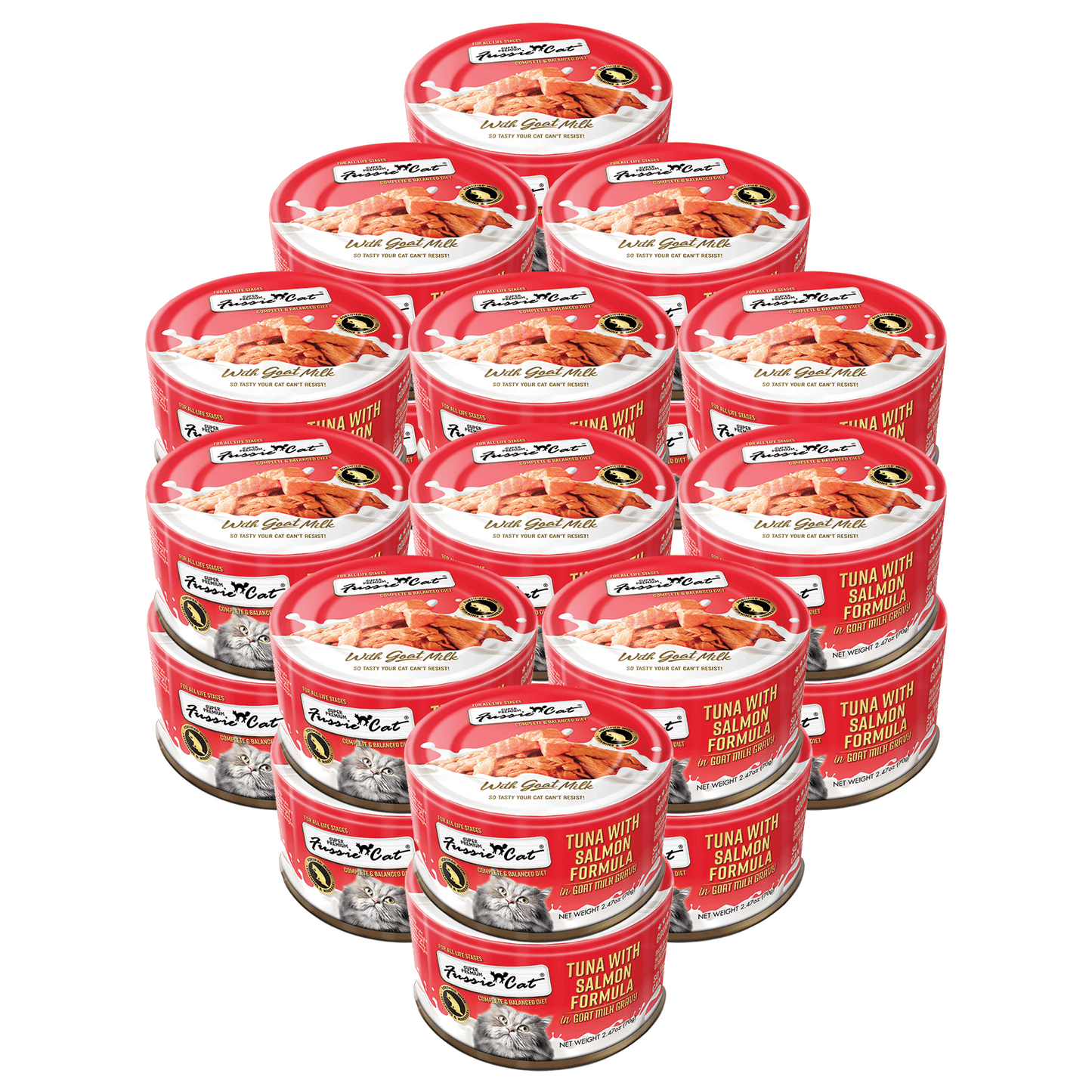FUSSIE CAT Atún Premium con Salmón en Leche de Cabra - Lata para Gatos | 2.47oz