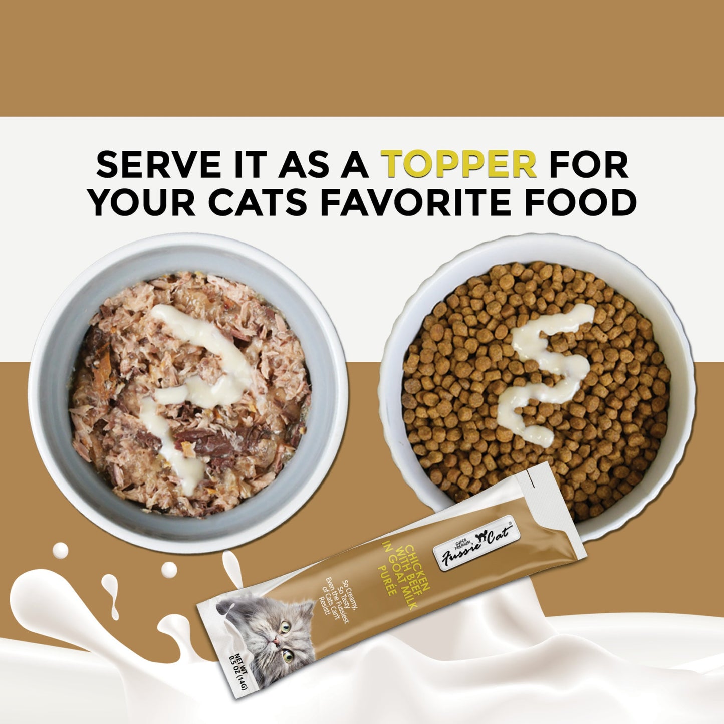 FUSSIE CAT Super Premium Pollo con Ternera en Puré de Leche de Cabra - Golosina para gatos | 2 oz