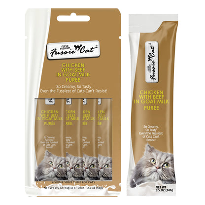 FUSSIE CAT Super Premium Pollo con Ternera en Puré de Leche de Cabra - Golosina para gatos | 2 oz