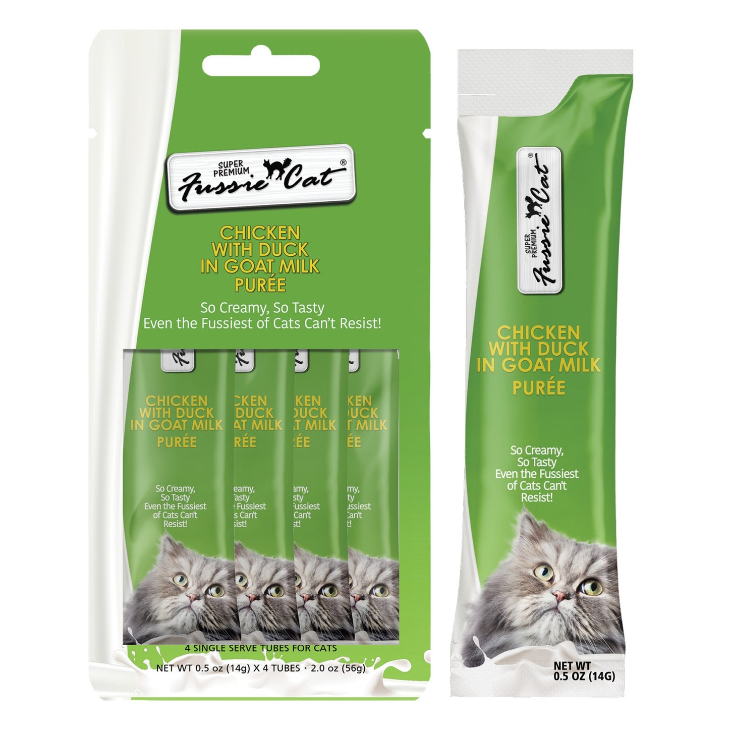 FUSSIE CAT Pollo Súper Premium con Pato en Puré de Leche de Cabra - Golosina para Gatos | 57g