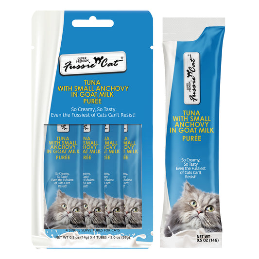 FUSSIE CAT Premium Tuna w/Small Anchovies in Goat Milk Puree - Cat Treat | 2oz