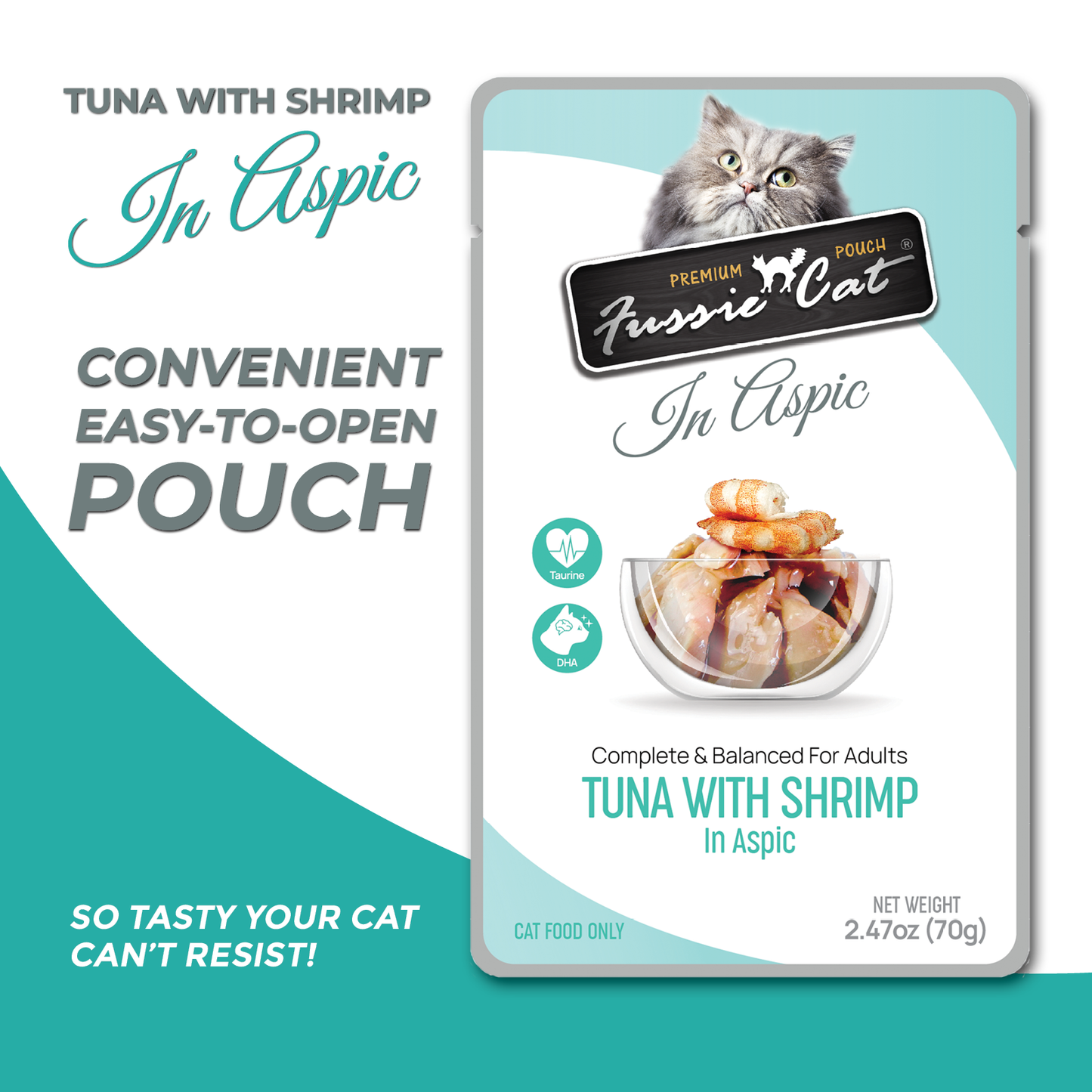 FUSSIE CAT Atún Premium con Camarones en Aspic - Sobre para Gatos | 2.47oz